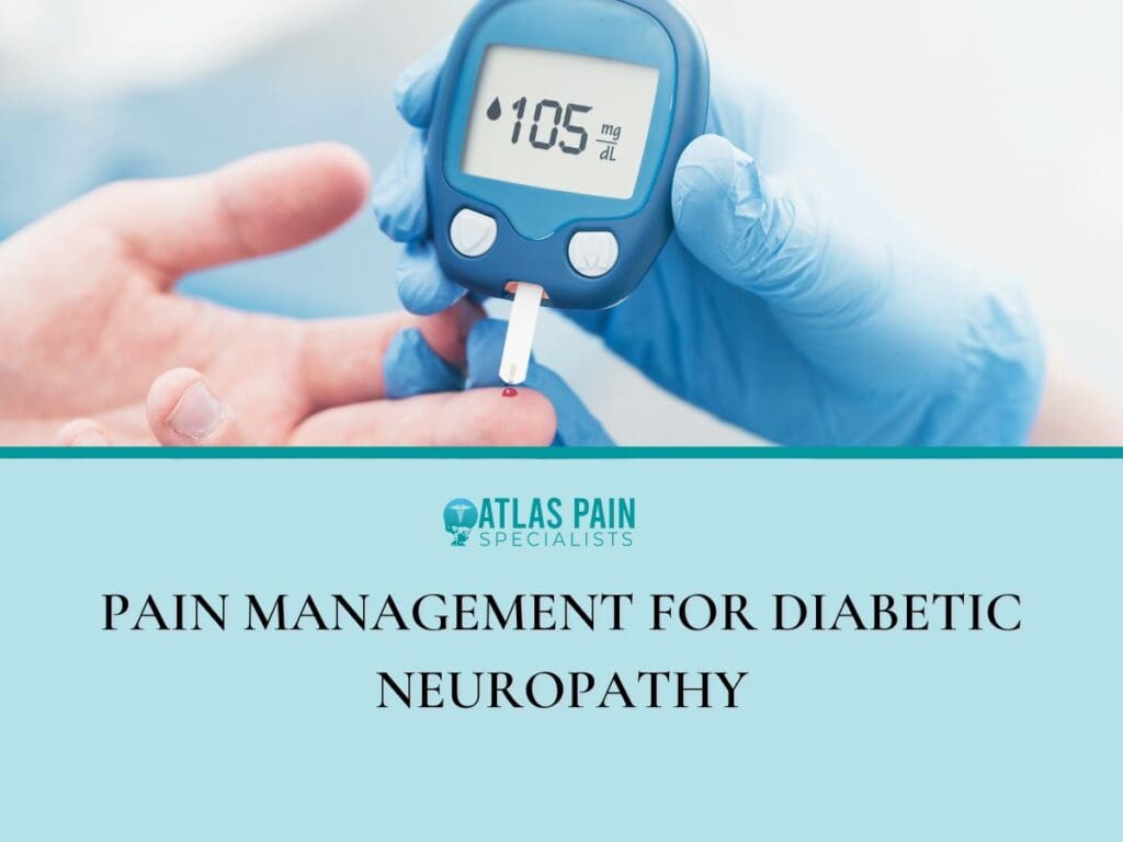 Front image of a blog titled "Pain Management for Diabetic Neuropathy" with a person using a glucometer as the background and the title displayed in elegant typography|infographic illustration on physical therapy for diabetic neuropathy|infographic illustration on pain management strategies for diabetic neuropathy